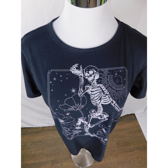 Dancing Skeleton Shirt Large Black White Graphic Tee Floral Cosmic Art - Picture 3 of 9